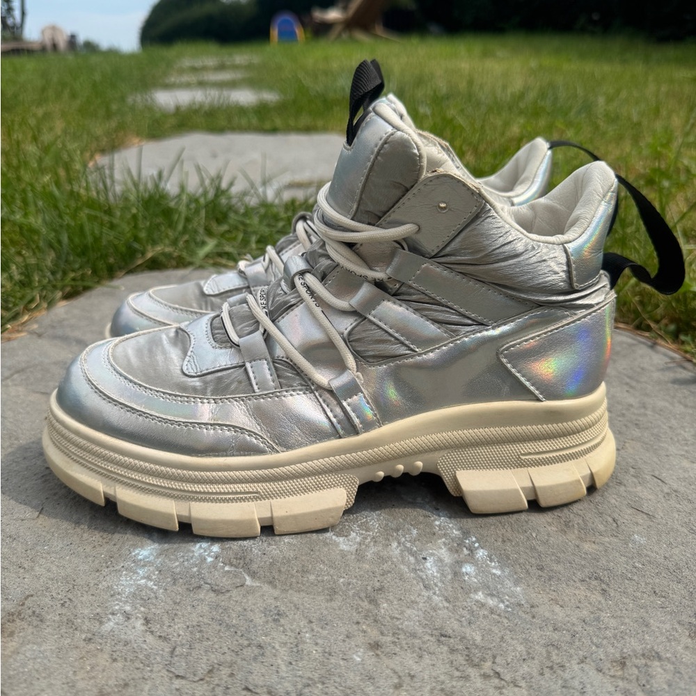 Silver Holographic Real Leather High-Top Sneakers/Boots Size 7